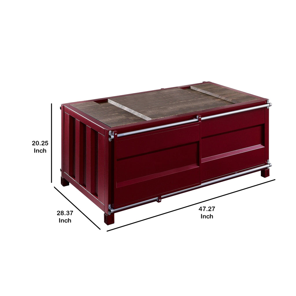 Benzara Container Style Coffee Table with Sliding Doors, Red BM233957 Red Metal BM233957