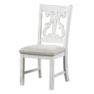 Benzara Open Scroll Back Wooden Side Chair with Padded Seat, Set of 2, White BM235502 White Solid wood, Fabric, Veneer BM235502