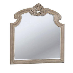 Benzara 47.25 Inches Crown Top Molded Mirror, Natural Brown BM235530 Brown Solid Wood, Veneer and Mirror BM235530