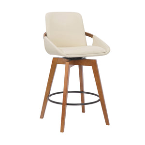 Benzara 27 Inches Leatherette Swivel Counter Stool, Cream and Brown BM236353 Cream and Brown Metal, Solid Wood and Faux Leather BM236353