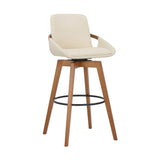 Benzara 30 Inches Leatherette Swivel Barstool, Cream and Brown BM236356 Cream and Brown Metal, Solid Wood and Faux Leather BM236356