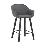 Benzara 26 Inches V Stitched Leatherette Bucket Seat Counter Stool, Gray BM236360 Gray Metal, Solid Wood and Faux Leather BM236360