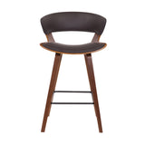 Benzara 27 Inches Saddle Seat Leatherette Counter Stool, Brown BM236363 Brown Metal, Solid Wood and Faux Leather BM236363