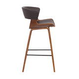 Benzara 27 Inches Saddle Seat Leatherette Counter Stool, Brown BM236363 Brown Metal, Solid Wood and Faux Leather BM236363