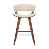 Benzara 27 Inches Saddle Seat Leatherette Counter Stool, Cream and Brown BM236365 Cream and Brown Metal, Solid Wood and Faux Leather BM236365