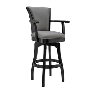 Benzara 26 Inches Leatherette Swivel Counter Stool with Wooden Arms, Gray BM236375 Gray Solid Wood and Faux Leather BM236375