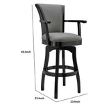 Benzara 30 Inches Leatherette Swivel Arm Barstool with Flared Legs, Gray BM236376 Gray Solid Wood and Faux Leather BM236376