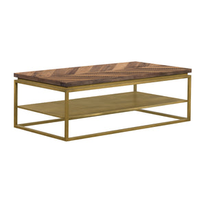 Benzara 46 Inch Wooden and Metal Coffee Table, Brown and Brass BM236488 Brown and Brass Solid Wood and Metal BM236488