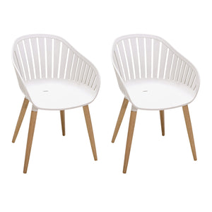 Benzara 17 Inches Bucket Seat Outdoor Plastic Arm Chair, Set of 2, White BM236510 White Solid Wood and Plastic BM236510