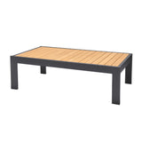 Benzara 56 Inches Slat Top Aluminum Coffee Table, Brown and Gray BM236518 Brown and Gray Metal and Solid Wood BM236518