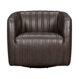 Benzara Leather Swivel Barrel Chair with Stitched Details, Brown BM236594 Brown Leather, Solid Wood BM236594