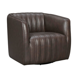 Benzara Leather Swivel Barrel Chair with Stitched Details, Brown BM236594 Brown Leather, Solid Wood BM236594