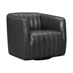 Benzara Leather Swivel Barrel Chair with Stitched Details, Dark Gray BM236595 Gray Leather, Solid Wood BM236595