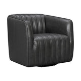 Benzara Leather Swivel Barrel Chair with Stitched Details, Dark Gray BM236595 Gray Leather, Solid Wood BM236595