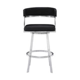 Benzara 26 Inch Curved Seat Leatherette Swivel Barstool, Silver and Black BM236606 Black, Silver Metal, Leatherette BM236606