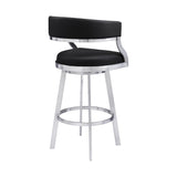 Benzara 26 Inch Curved Seat Leatherette Swivel Barstool, Silver and Black BM236606 Black, Silver Metal, Leatherette BM236606