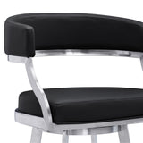 Benzara 26 Inch Curved Seat Leatherette Swivel Barstool, Silver and Black BM236606 Black, Silver Metal, Leatherette BM236606