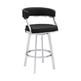 Benzara 26 Inch Curved Seat Leatherette Swivel Barstool, Silver and Black BM236606 Black, Silver Metal, Leatherette BM236606