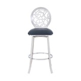 Benzara 26 Inches Leatherette Counter Stool with Geometric Back, Silver BM236634 Silver Metal, Faux Leather BM236634