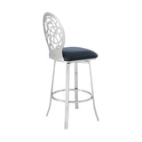 Benzara 26 Inches Leatherette Counter Stool with Geometric Back, Silver BM236634 Silver Metal, Faux Leather BM236634