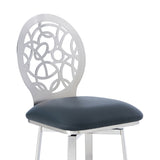 Benzara 26 Inches Leatherette Counter Stool with Geometric Back, Silver BM236634 Silver Metal, Faux Leather BM236634