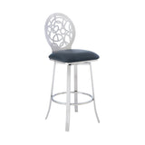 Benzara 26 Inches Leatherette Counter Stool with Geometric Back, Silver BM236634 Silver Metal, Faux Leather BM236634