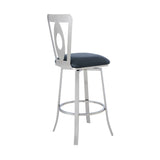 Benzara 26 Inches Leatherette Counter Stool with Oval Cut Out, Silver BM236638 Silver Metal, Faux Leather BM236638