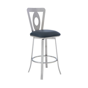 Benzara 26 Inches Leatherette Counter Stool with Oval Cut Out, Silver BM236638 Silver Metal, Faux Leather BM236638