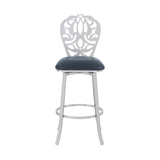 Benzara 26 Inches Leatherette Counter Stool with Ornate Cut Out, Gray BM236642 Gray Metal, Faux Leather BM236642