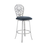 Benzara 26 Inches Leatherette Counter Stool with Ornate Cut Out, Gray BM236642 Gray Metal, Faux Leather BM236642