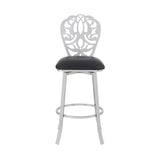 Benzara 26 Inches Leatherette Counter Stool with Ornate Cut Out, Black BM236644 Black Metal, Faux Leather BM236644