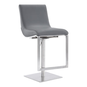 Benzara Curved Leatherette Barstool with Adjustable Height, Gray BM236659 Gray Metal, Faux Leather BM236659