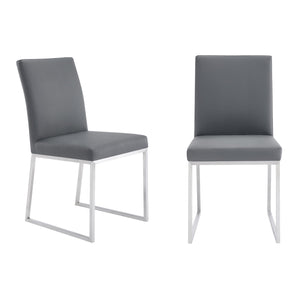 Benzara 20 Inches Leatherette Metal Frame Dining Chair, Set of 2, Gray BM236663 Gray Metal, Faux Leather BM236663