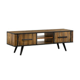 Benzara 59 Inches Rustic 2 Door TV Stand with Angled Legs, Brown BM236678 Brown Solid Wood and Metal BM236678