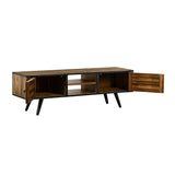 Benzara 59 Inches Rustic 2 Door TV Stand with Angled Legs, Brown BM236678 Brown Solid Wood and Metal BM236678