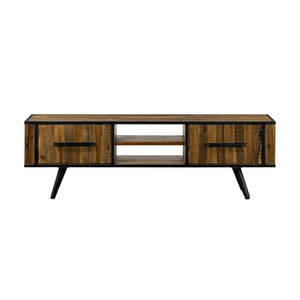 Benzara 59 Inches Rustic 2 Door TV Stand with Angled Legs, Brown BM236678 Brown Solid Wood and Metal BM236678