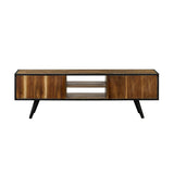 Benzara 59 Inches Rustic 2 Door TV Stand with Angled Legs, Brown BM236678 Brown Solid Wood and Metal BM236678