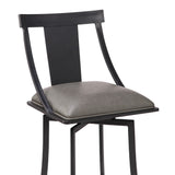 Benzara 26 Inches Leatherette Counter Stool with Fiddle Back, Gray BM236682 Gray Metal, Solid Wood and Faux Leather BM236682