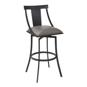 Benzara 26 Inches Leatherette Counter Stool with Fiddle Back, Gray BM236682 Gray Metal, Solid Wood and Faux Leather BM236682