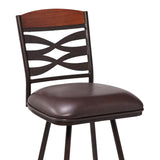 Benzara 30 Inches Leatherette Barstool with Ornate Cut Outs, Brown BM236691 Brown Metal, Solid Wood and Faux Leather BM236691