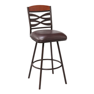 Benzara 30 Inches Leatherette Barstool with Ornate Cut Outs, Brown BM236691 Brown Metal, Solid Wood and Faux Leather BM236691