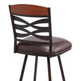 Benzara 30 Inches Leatherette Barstool with Ornate Cut Outs, Brown BM236691 Brown Metal, Solid Wood and Faux Leather BM236691