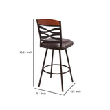 Benzara 30 Inches Leatherette Barstool with Ornate Cut Outs, Brown BM236691 Brown Metal, Solid Wood and Faux Leather BM236691