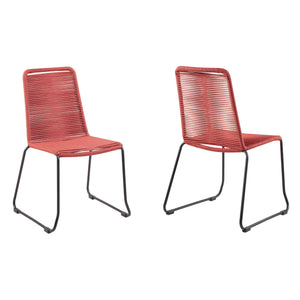 Benzara 18.5 Inches Fishbone Weaved Metal Dining Chair, Set of 2, Red BM236719 Red Metal and Polypropylene Rope BM236719