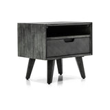 Mid Century 1 Drawer Wooden Nightstand with Cut Out Pulls, Distressed Gray