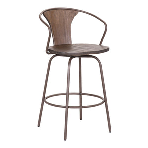 Benzara 36.5" Industrial Metal Frame Barstool with Wooden Seat, Brown BM236738 Brown Solid Wood and Metal BM236738