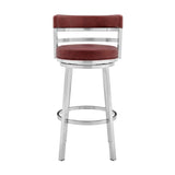 Benzara 26 Inch Leatherette Counter Height Barstool, Silver and Red BM236761 Silver and Red Metal and Leatherette BM236761