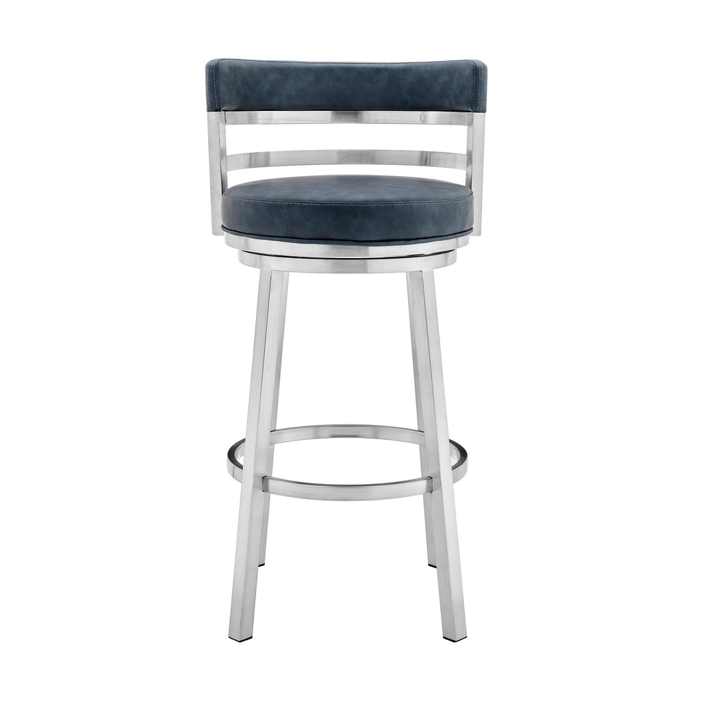 Benzara 26 Inch Leatherette Counter Height Barstool, Silver and Blue BM236763 Silver and Blue Metal and Leatherette BM236763