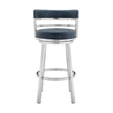 Benzara 30 Inch Leatherette Counter Height Barstool, Silver and Blue BM236764 Silver and Blue Metal and Leatherette BM236764