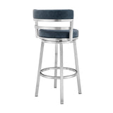 Benzara 30 Inch Leatherette Counter Height Barstool, Silver and Blue BM236764 Silver and Blue Metal and Leatherette BM236764